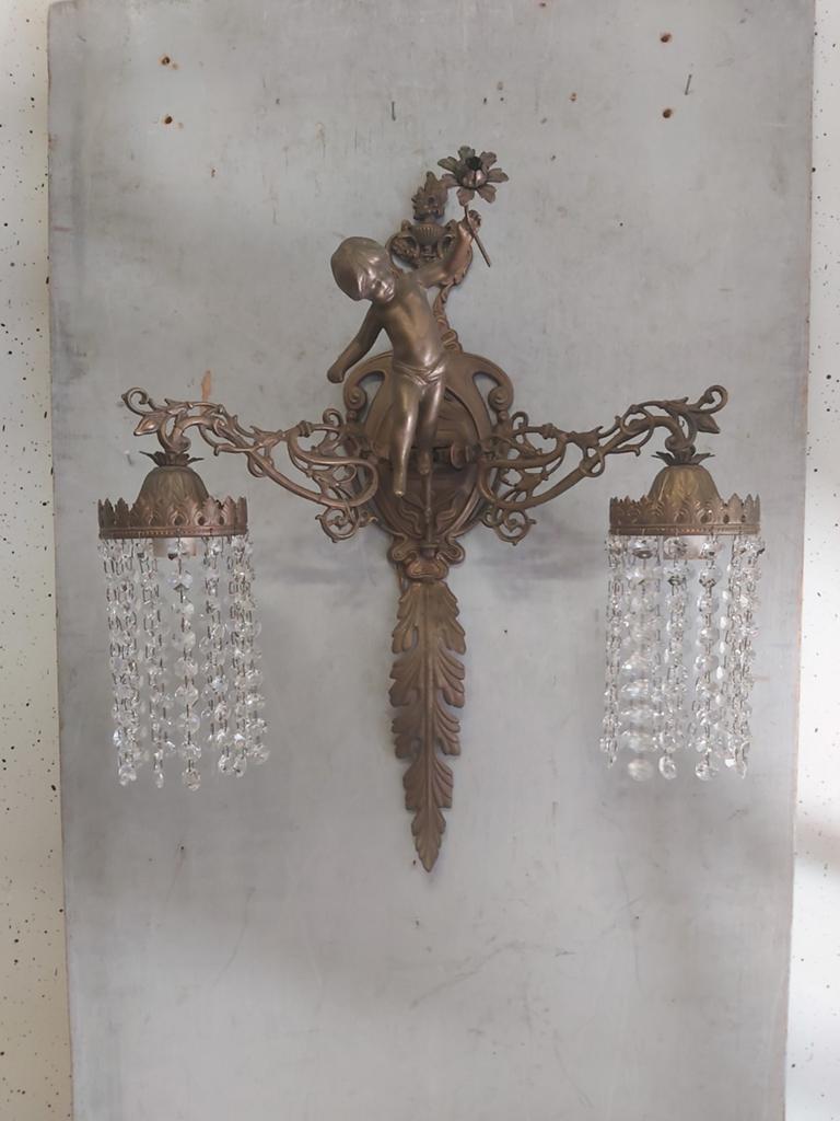Gave  antieke bronzen kristallen cupido engelen wandlamp, Ophalen of Verzenden