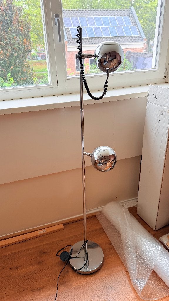 Space age eyeball vloerlamp chroom 2 bollen jaren 70, Ophalen of Verzenden, Gebruikt, Metaal, 150 tot 200 cm