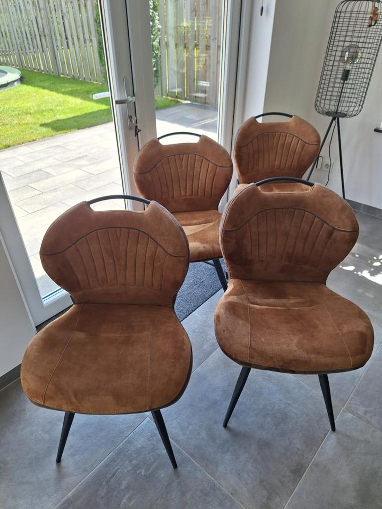 Set van 4 cognac kleurige stoelen met metalen poten, Huis en Inrichting, Stoelen, Ophalen, Gebruikt, Bruin, Modern