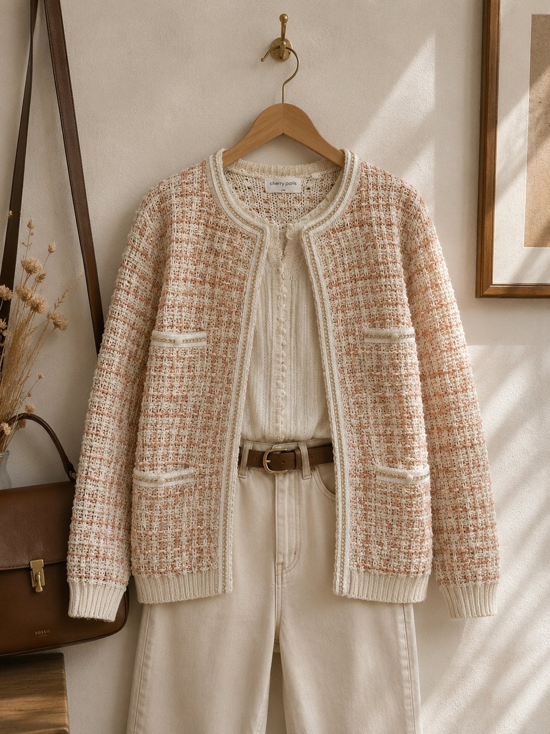 Stijlvol gebreid vest in tweed-look, Ophalen of Verzenden, Zo goed als nieuw, Maat 38/40 (M), Beige