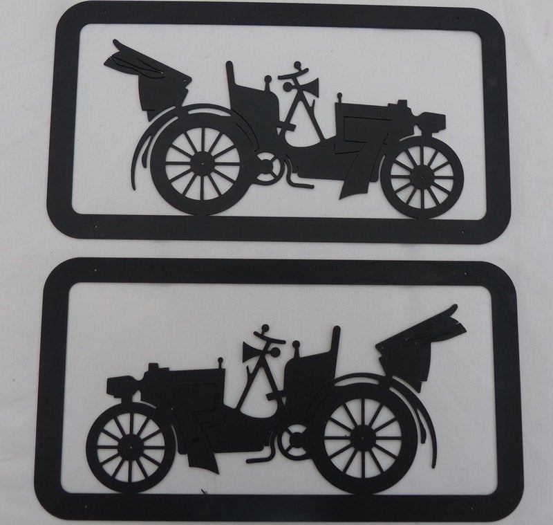 2 vintage Metalen Oldtimer Wandbord Auto pannen Onderzetter, Metaal, Ophalen of Verzenden, Zo goed als nieuw, Pannenonderzetter