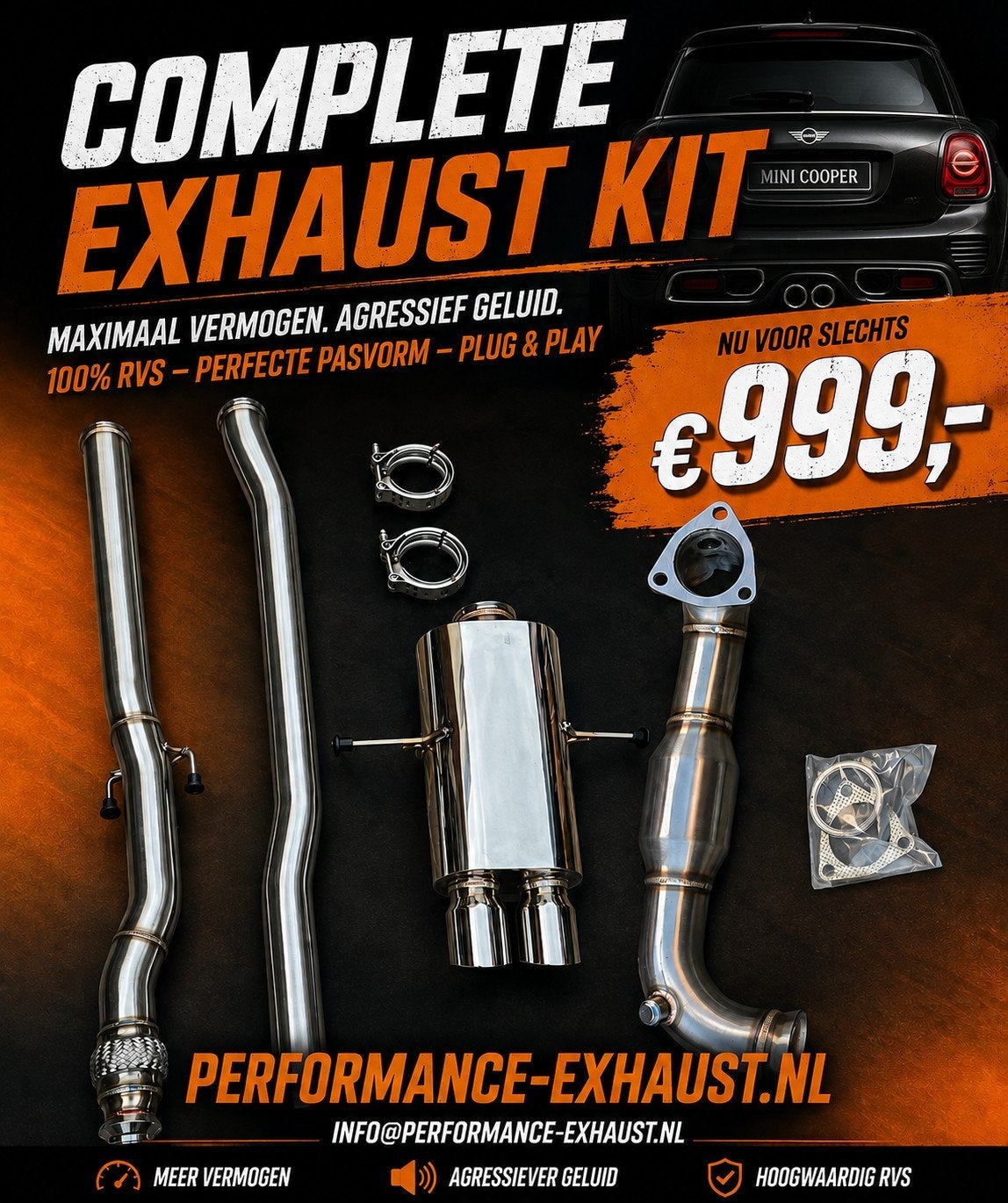 Uitlaat performance systeem 3 inch MINI COOPER S R56 1.6L ZI, Ophalen of Verzenden, PERFORMANCE-EXHAUST.NL, INFO@PERFORMANCE-EXHAUST.NL