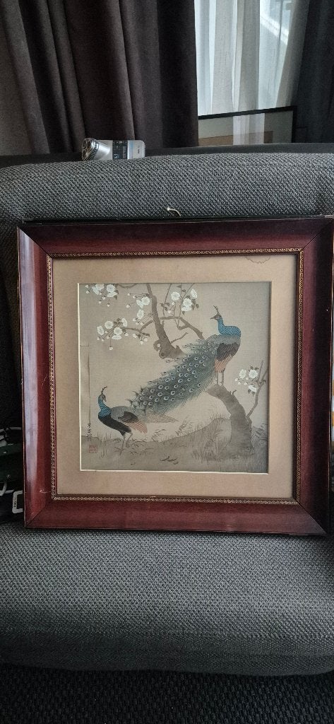 Chinees aquarel pauwen in lijst  50x50, Ophalen of Verzenden, Aquarel, Dieren, Papier