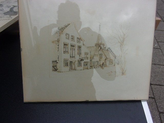 schets kerk en winkels, Ophalen of Verzenden, Gebruikt, Minder dan 50 cm, Schilderij