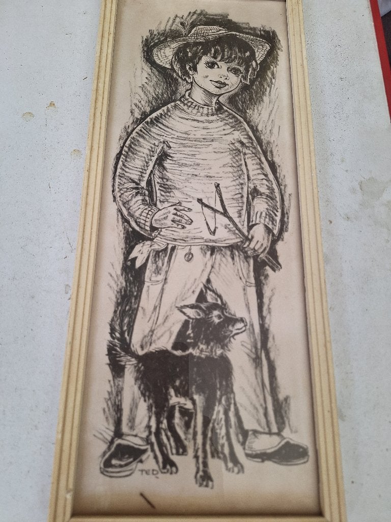 Vintage jaren '60 prent "Jongen met hond", Antiek en Kunst, Kunst | Schilderijen | Klassiek, Origineel werk, Portret of Personen