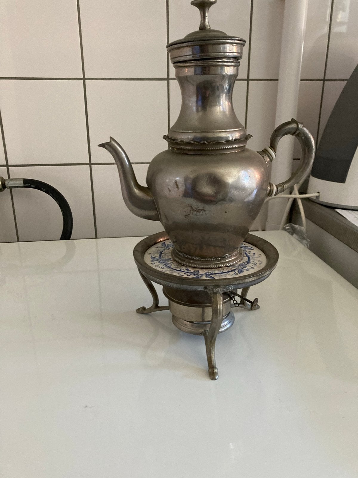Antieke tinnen theepot met rechaud, Antiek en Kunst, Verzenden