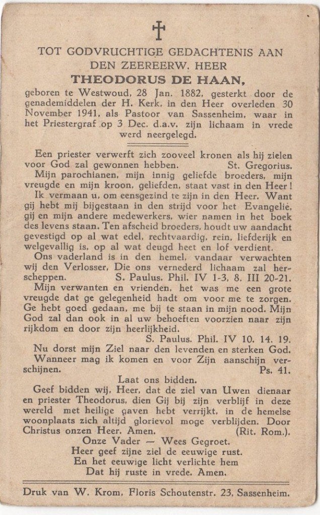 pastoor Theodorus de Haan 1882 Westwoud + 1941 Sassenheim, Verzamelen, Bidprentjes en Rouwkaarten, Ophalen of Verzenden