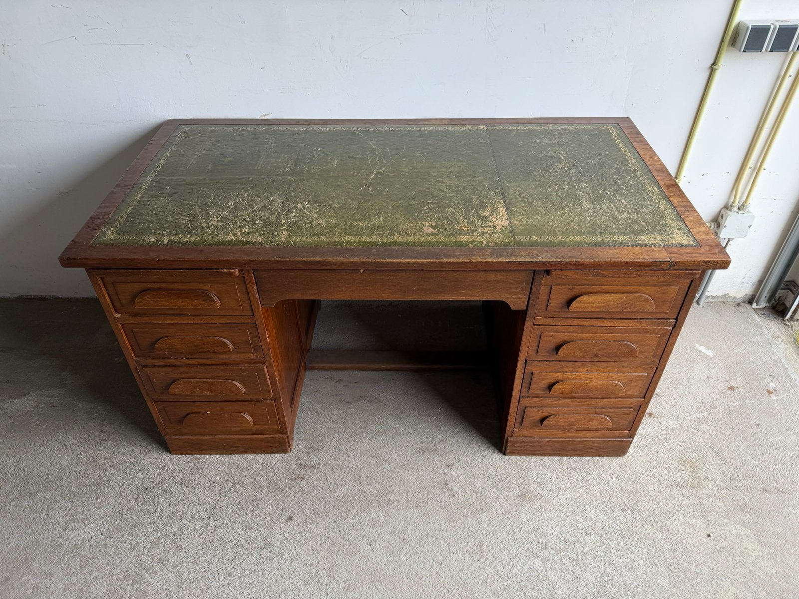 Antiek Eiken Bureau met Groen Leren Blad, Ophalen