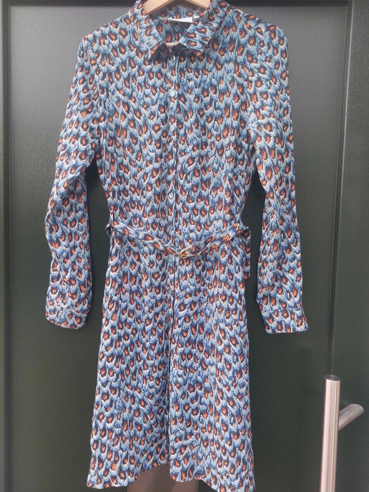 Fabienne Chapot Jurk - Blauw/Bruin Leopard Print Maat 34, Bruin, Ophalen of Verzenden, Zo goed als nieuw, Maat 34 (XS) of kleiner