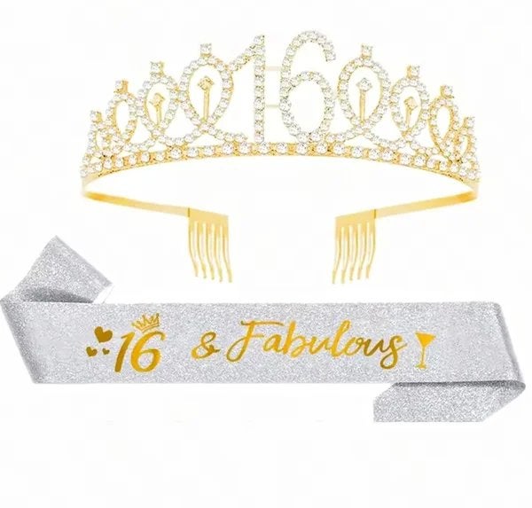 16 & fabulous set met diadeem en sjerp, Versiering, Verjaardag, Nieuw, Ophalen of Verzenden