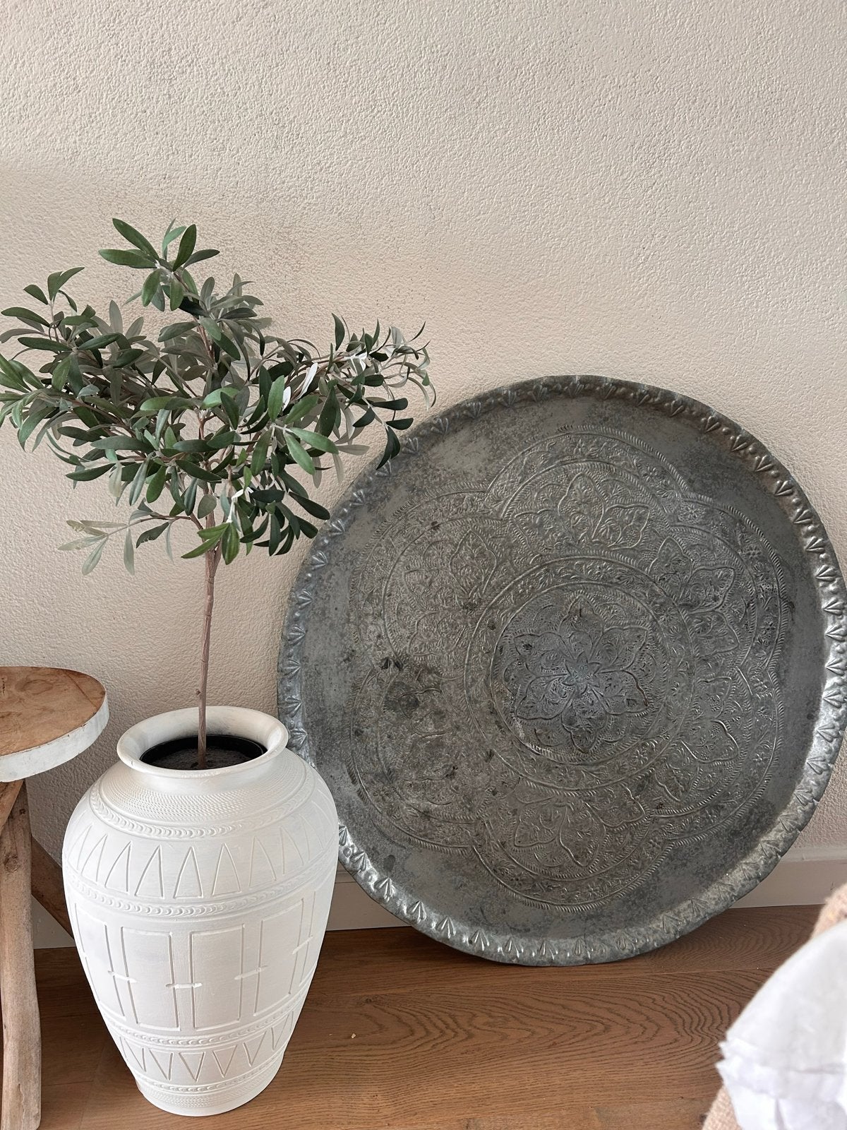 Groot metalen dienblad met decoratie - Ø 80 cm, Huis en Inrichting, Ophalen, Gebruikt, Decoratieve rand, Rond