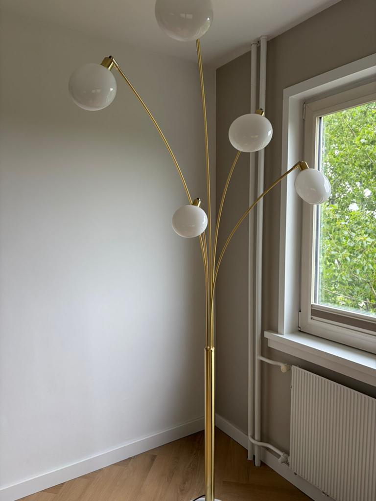 Moderne gouden vloerlamp met 5 glazen bollen, Ophalen, Zo goed als nieuw, Glas, 150 tot 200 cm