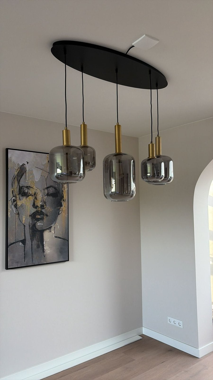 Moderne hanglamp met 5 smoking glazen kappen, Ophalen, Zo goed als nieuw, Glas, 75 cm of meer