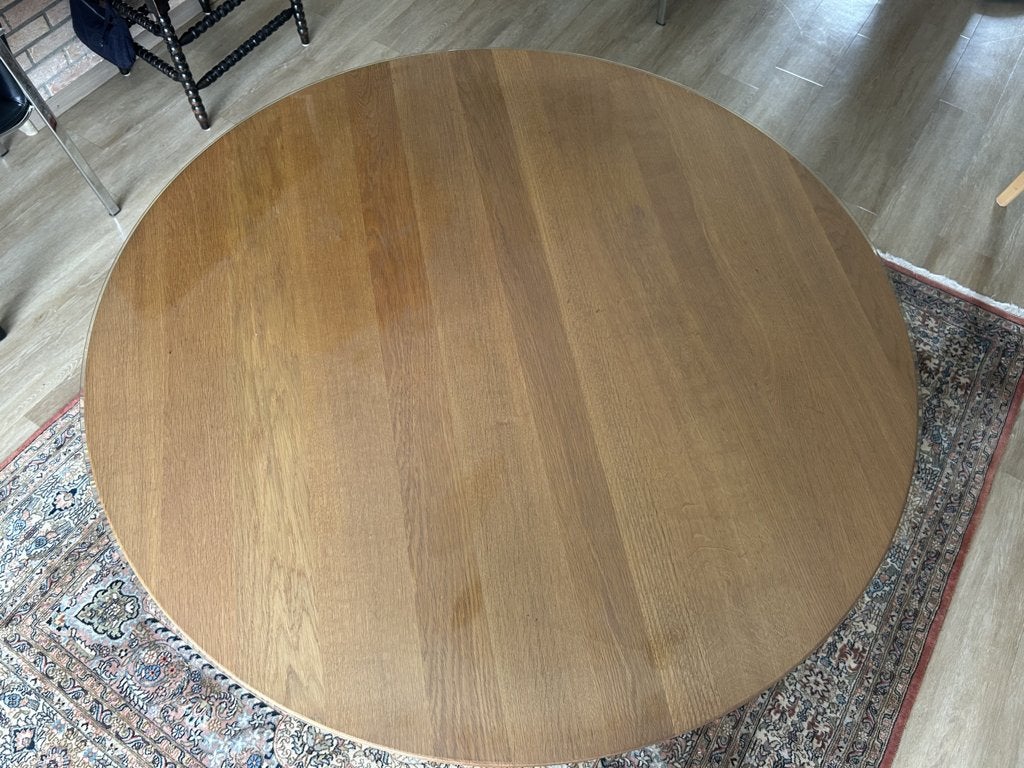 Ronde eiken LEOLUX eetkamertafel, Ophalen, Zo goed als nieuw, Vier personen, 100 tot 150 cm