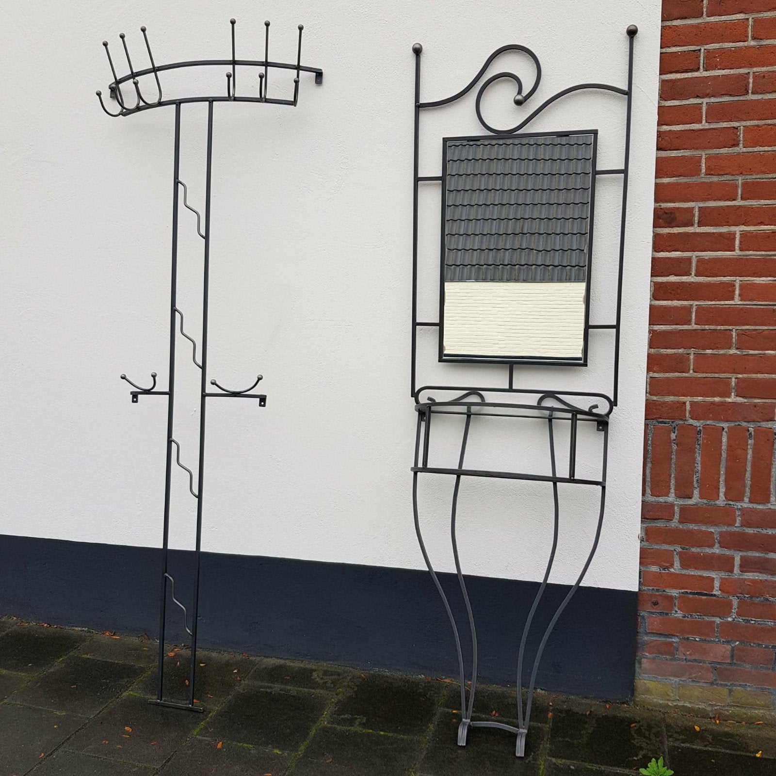 Smeedijzer Metalen kapstok met spiegel en glazen plankje, Wandkapstok, Gebruikt, Ophalen of Verzenden, Metaal