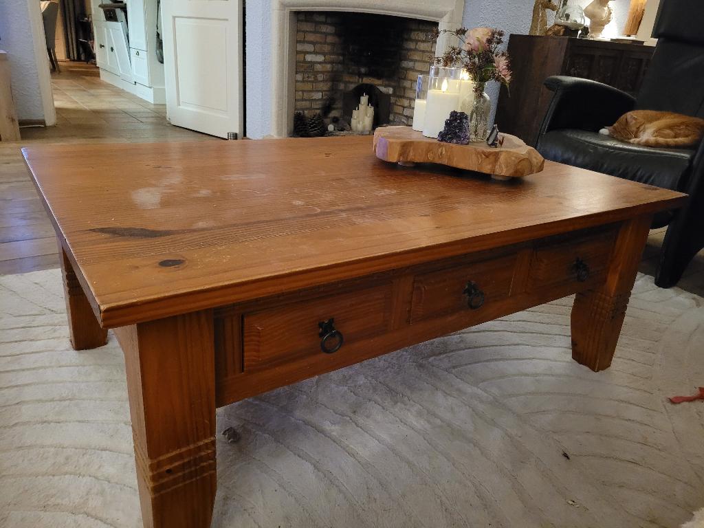 Massief houten salontafel, Ophalen, Gebruikt, 100 tot 150 cm, 50 tot 100 cm