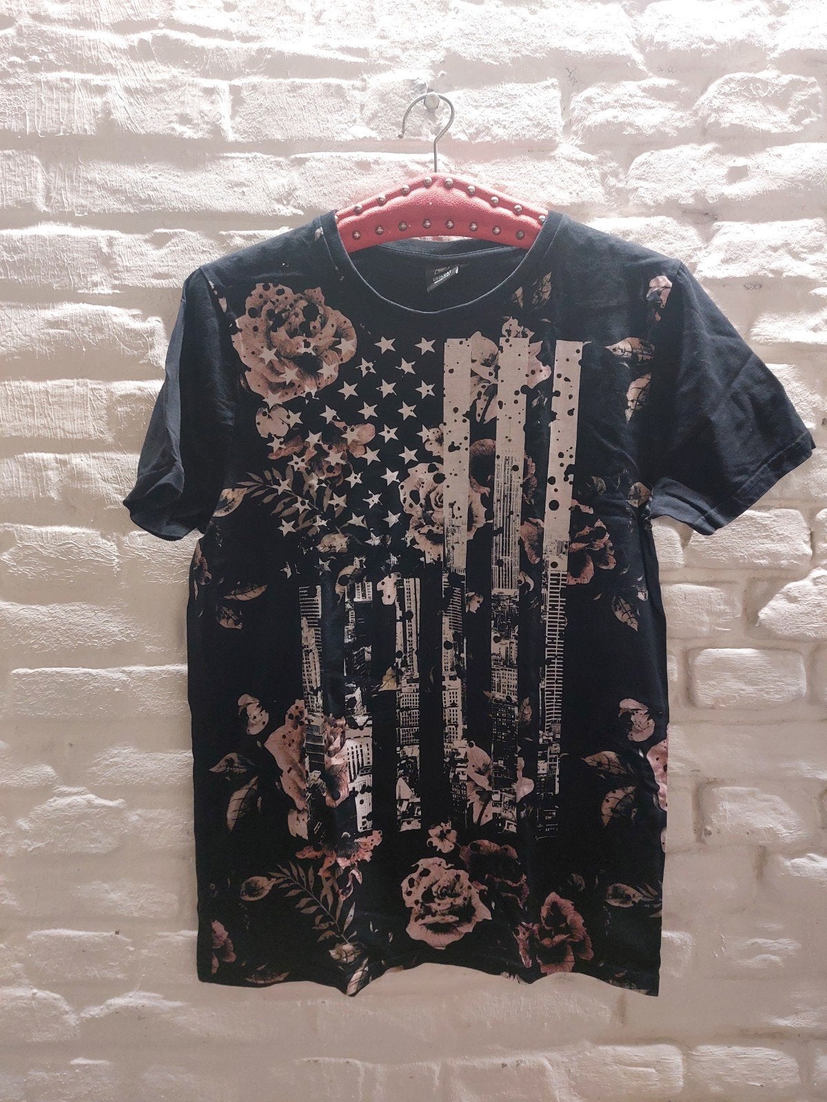 Coolcat T-shirt met bloemenprint en Amerikaanse vlag, maat M, Zwart, Verzenden, Maat 48/50 (M), Coolcat