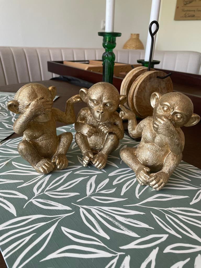 Set van 3 gouden apen: horen, zien, zwijgen, Huis en Inrichting, Woonaccessoires | Overige, Ophalen, Overige materialen, Zo goed als nieuw