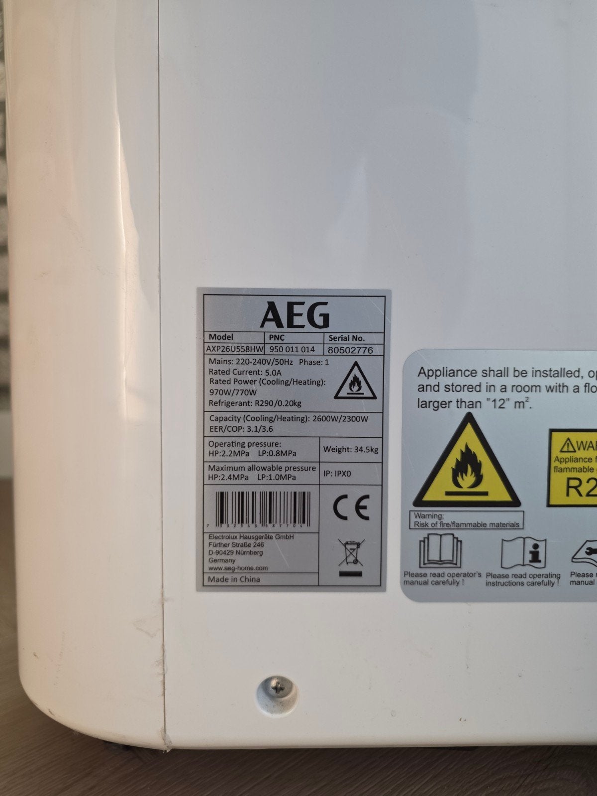 AEG Mobiele Airco met Warmtepomp - Koelen en Verwarmen, Ophalen, Verwarmen, Mobiele airco, 3 snelheden of meer