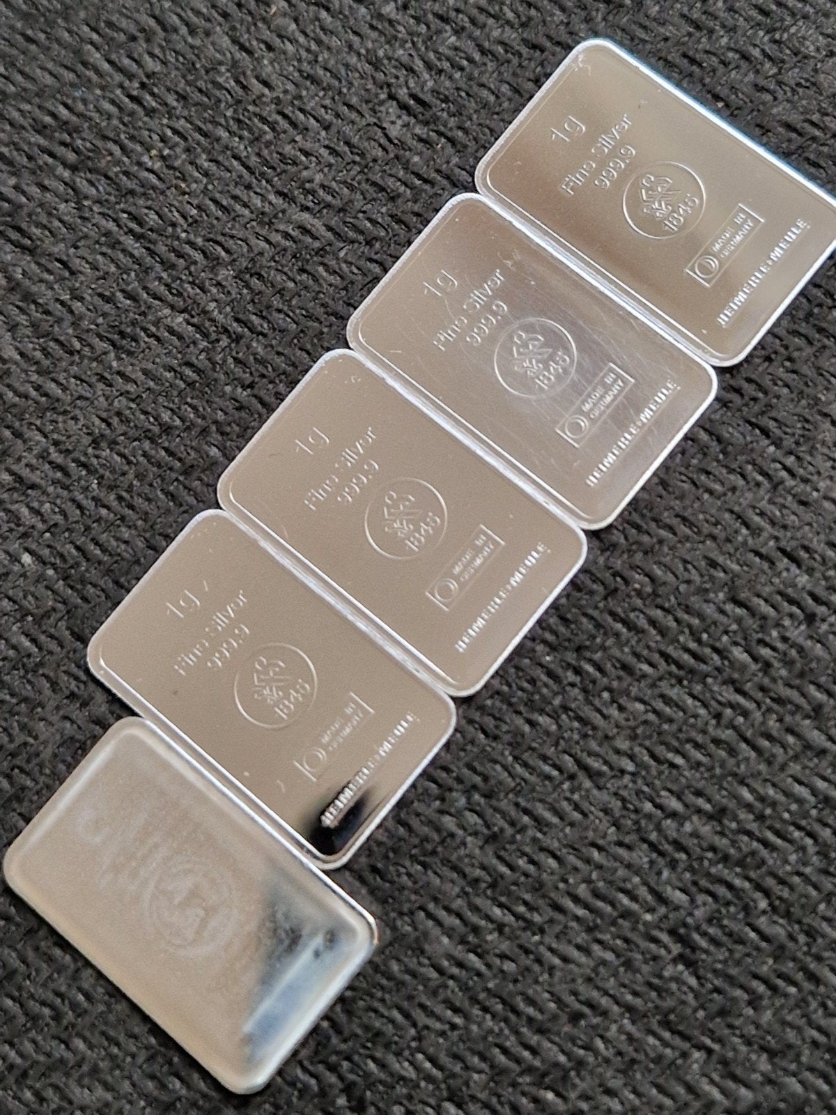 5x 1g Heimerle + Meule Zilveren Baartjes 999.9, Ophalen of Verzenden, Zilver