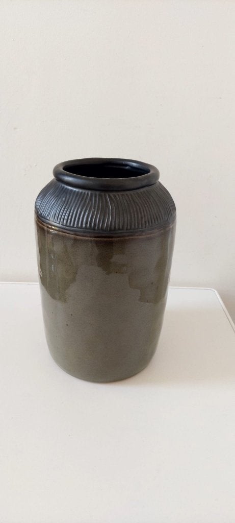 bloempot vaas – Blauw Donkergroen Keramiek – 35 cm, Eu, Eu, Ophalen of Verzenden, Zo goed als nieuw