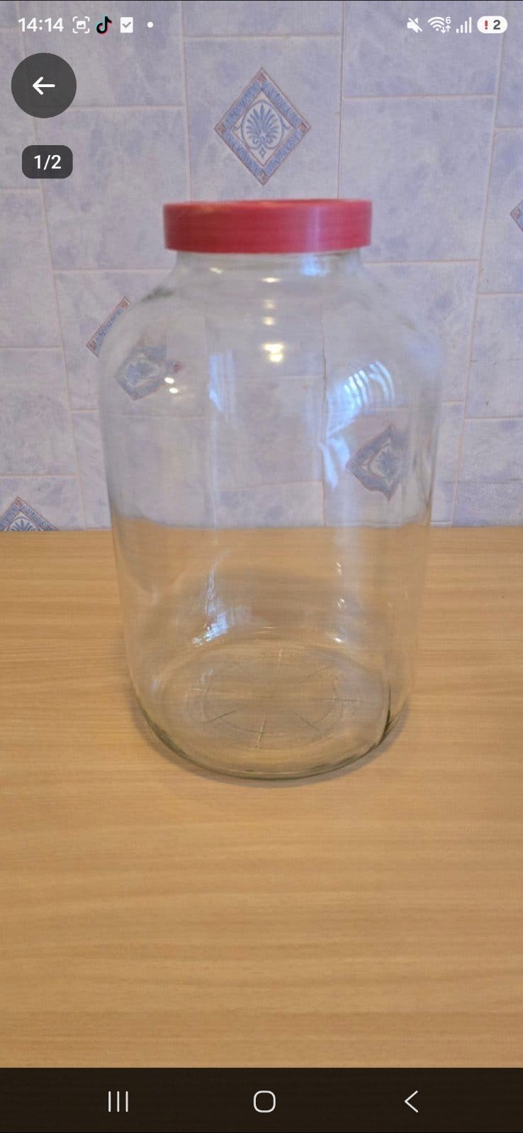 Grote glazen pot met rode deksel, Gebruikt, Rond, Pot of Kruik, Ophalen of Verzenden