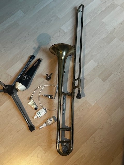 Koperen OLDS schuiftrombone met accessoires extra mondstuk, Ophalen of Verzenden, Gebruikt, Tenor