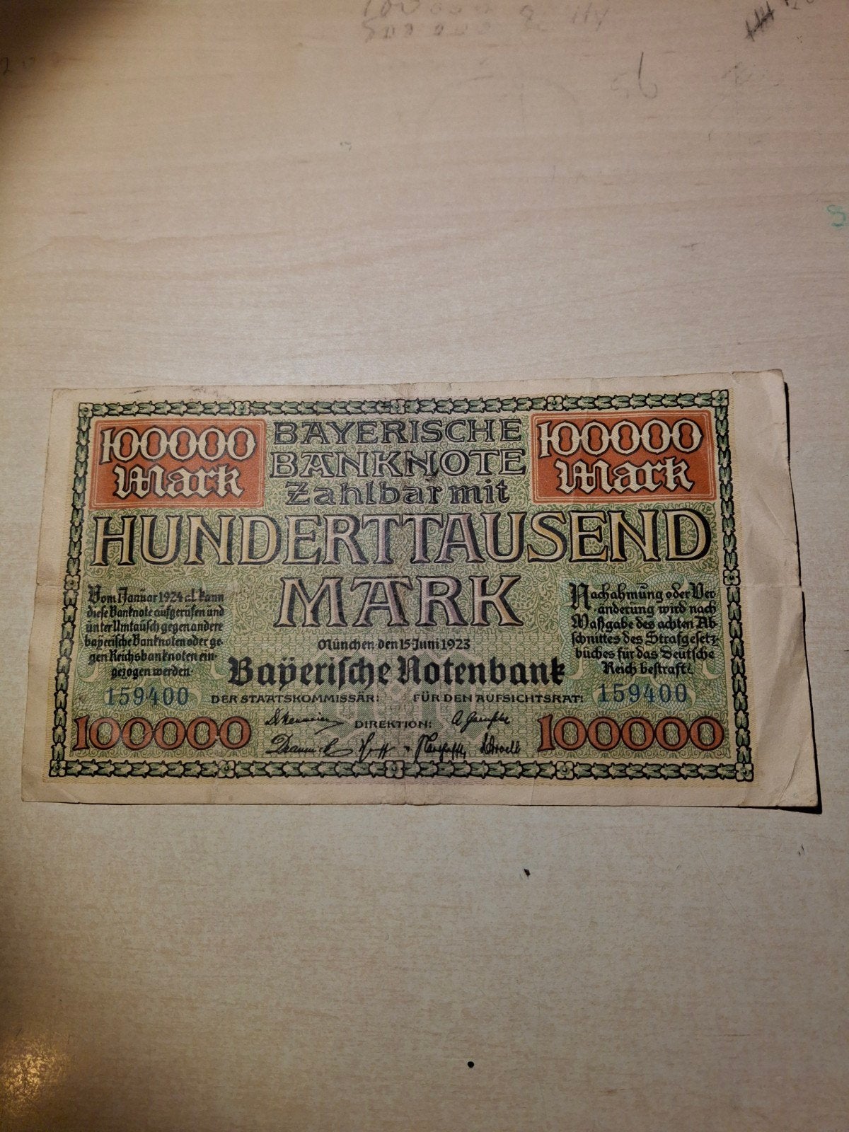 100.000 Mark Beierse Notenbank 15 juni 1923, Ophalen of Verzenden, Duitsland, Los biljet