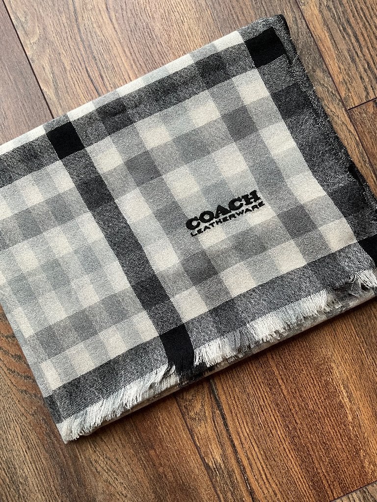Coach sjaal wol zijde cashmere grijs geblokt 196 cm NIEUW, Ophalen of Verzenden, Nieuw, Maat 46/48 (XL) of groter, Sjaal