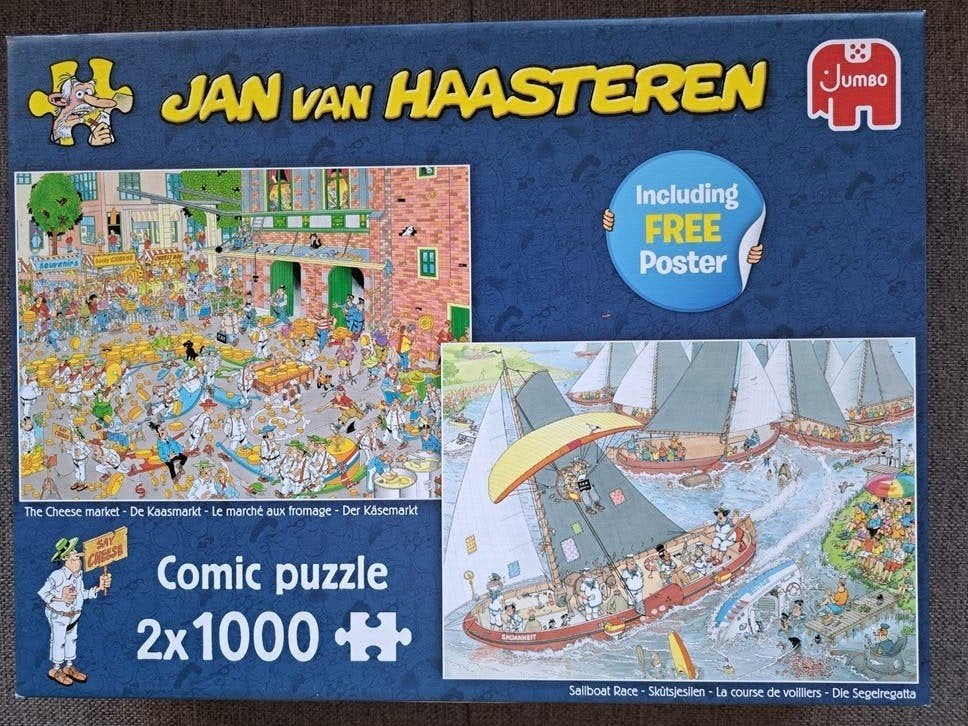 J.v.Haasteren puzzel 2x1000 stukjes  De Kaasmarkt & Zeilrace, Ophalen of Verzenden, 500 t/m 1500 stukjes, Zo goed als nieuw, Legpuzzel