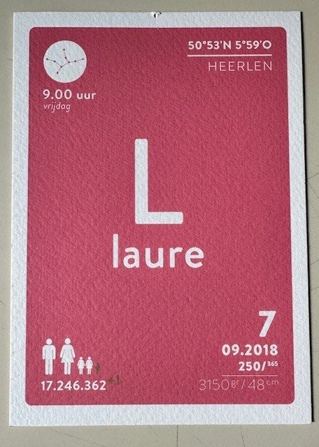Geboortekaartje Laure 7-9-2018, Verzamelen, Geboortekaartjes en Visitekaartjes, Ophalen of Verzenden, 2000 tot heden, Geboortekaartje