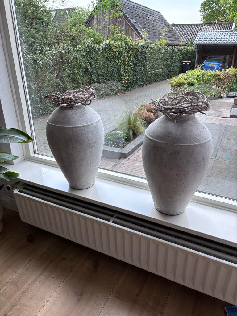 Set van 2 landelijke grote vazen, lichtgrijs, 60 cm hoog, Ophalen, Overige materialen, Gebruikt, Overige kleuren