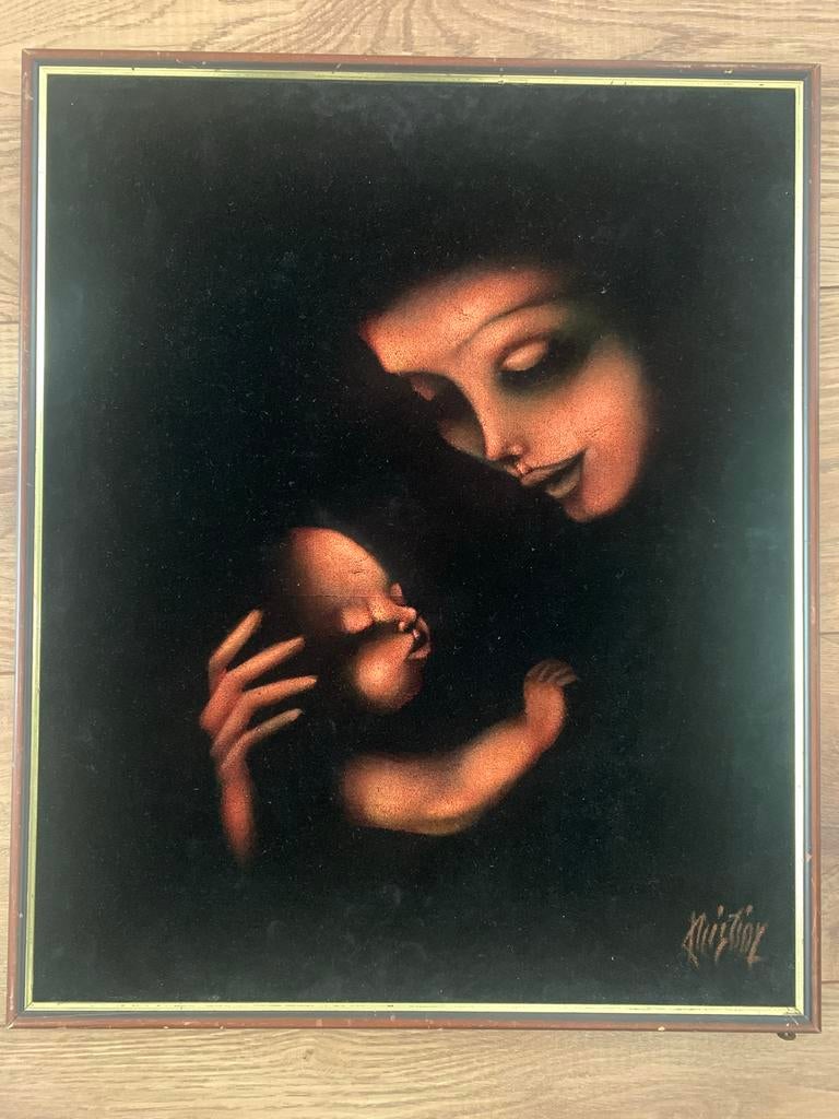 Vintage Fluweel Schilderij Moeder en Kind - Maria Madonna, Antiek en Kunst, Kunst | Schilderijen | Klassiek, Ophalen