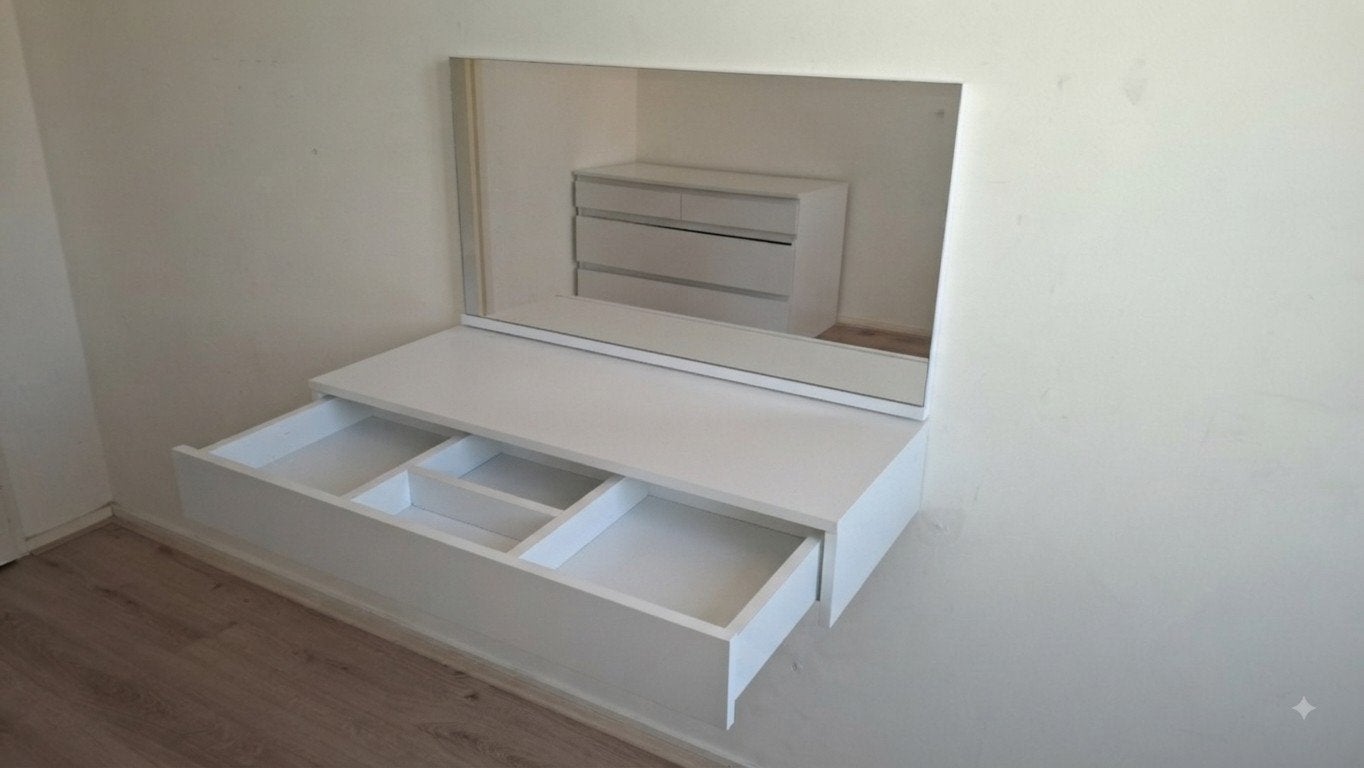 Witte wandkaptafel met lade & spiegel - 42D x 90B x 14,2H, Huis en Inrichting, Ophalen, Gebruikt, Hout, 50 tot 100 cm