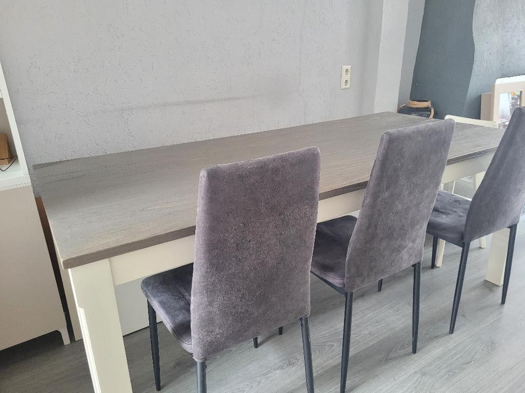 Eettafel 200x90 beige poten grijs blad, Huis en Inrichting, Tafels | Eettafels, Ophalen, Gebruikt, 50 tot 100 cm, Vijf personen of meer