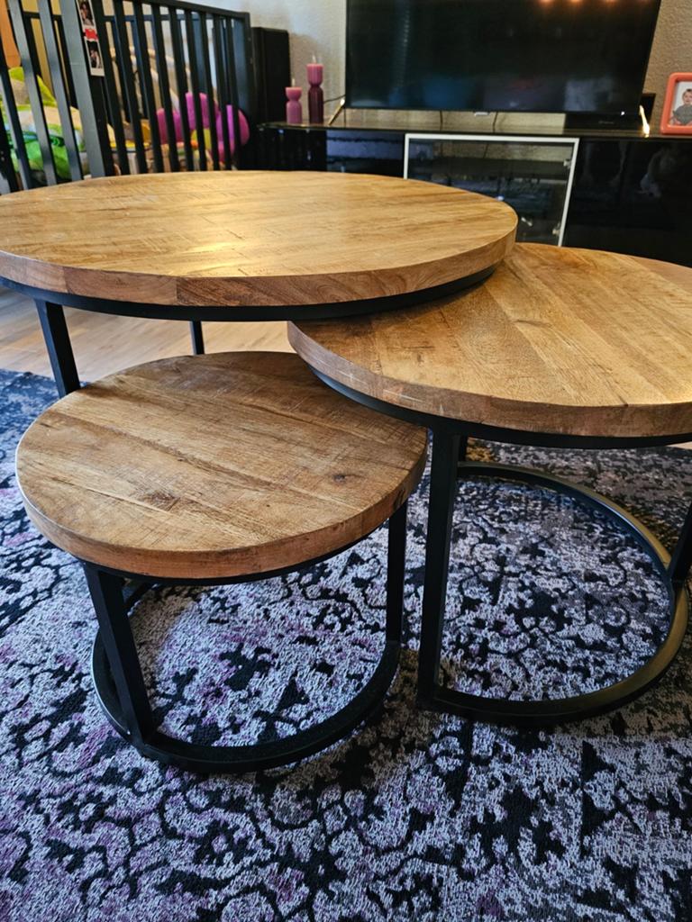 3-delige salontafel set - mango hout/metaal, Ophalen, Zo goed als nieuw, Rond
