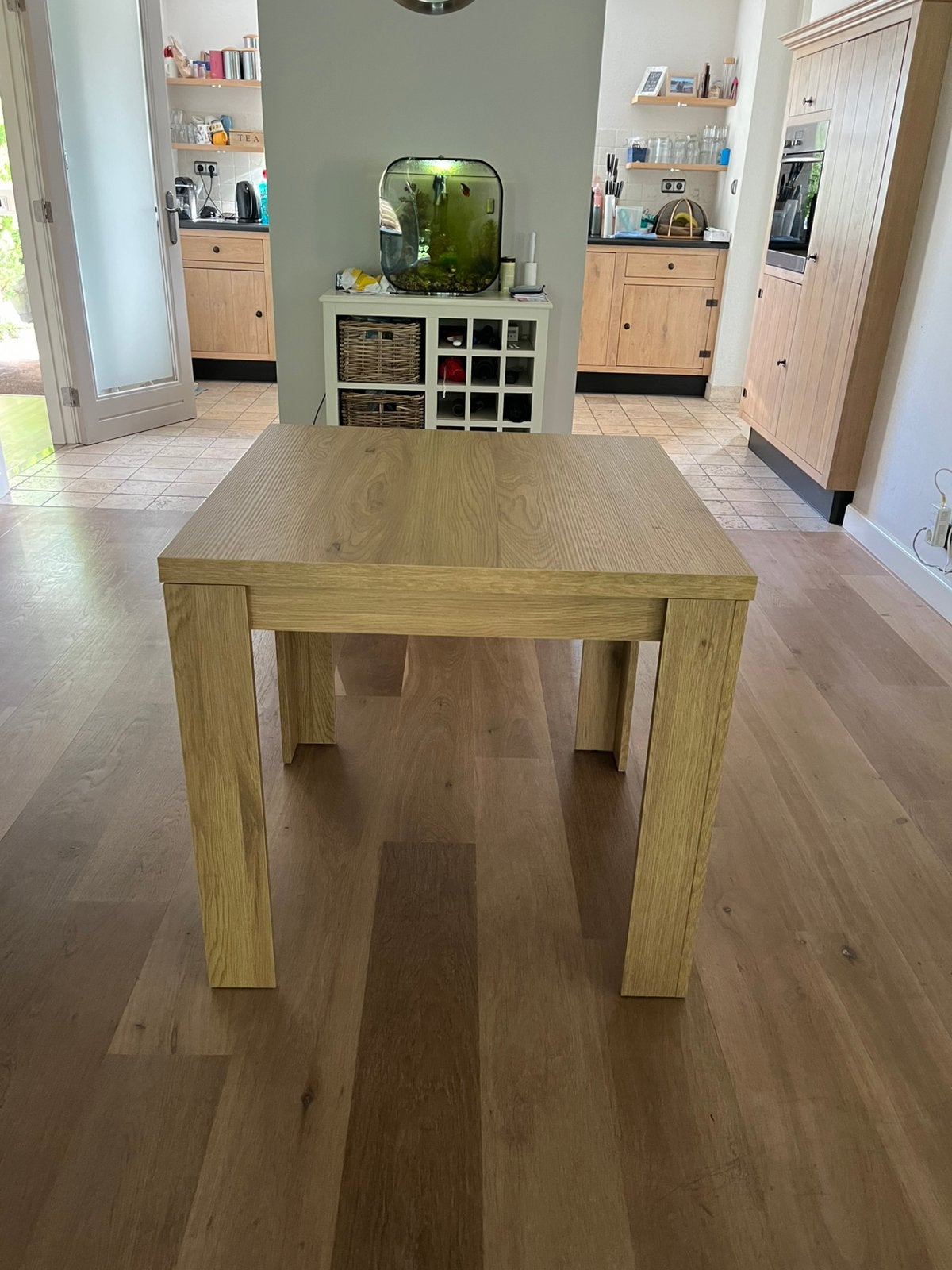 Compacte Tafel eiken look 80*80 cm uitschuifbaar naar 80*160, Ophalen, Zo goed als nieuw, Rechthoekig, 50 tot 100 cm