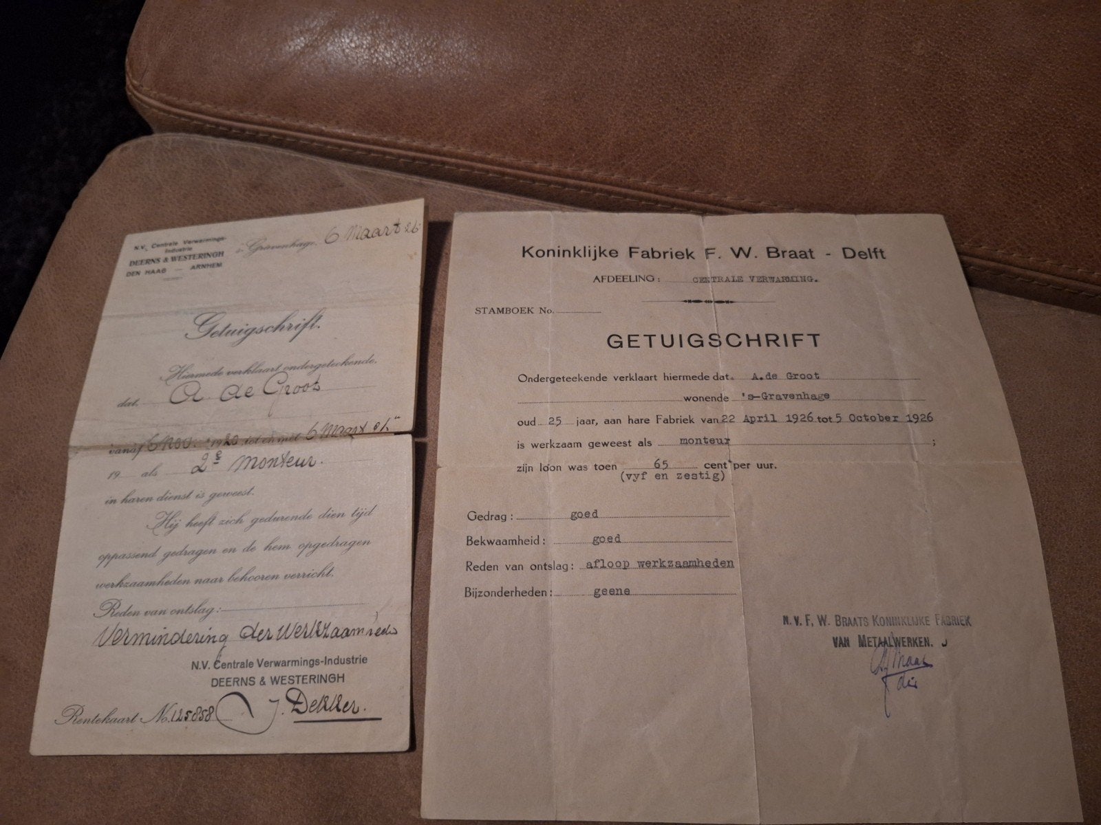 2 Getuigschriften uit 1926 - Koninklijke Fabriek F.W. Braat, Ophalen of Verzenden, 1920 tot 1940, Nederland, Knipsel(s)