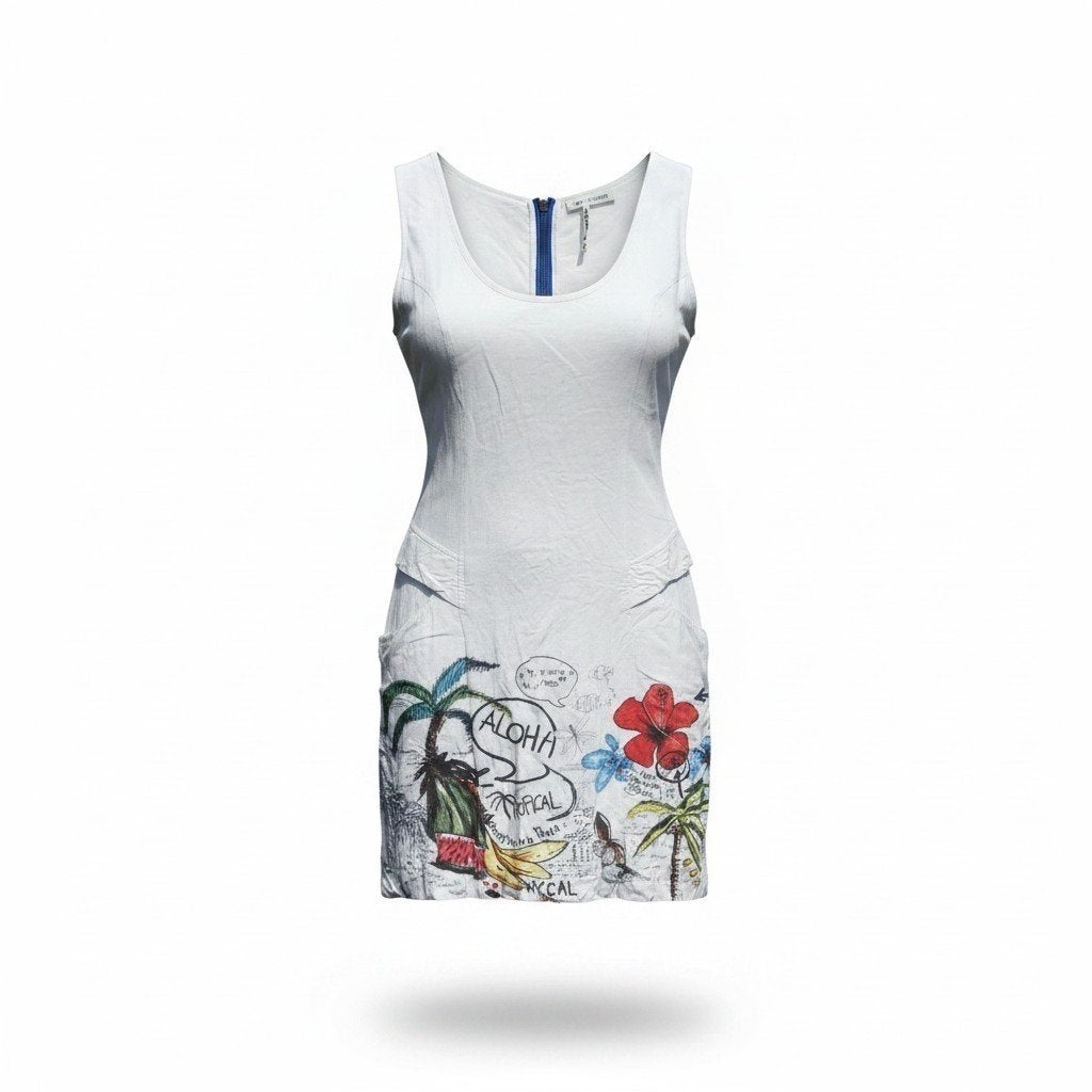Desigual jurk maat S - wit met tropische print, Wit, Ophalen of Verzenden, Zo goed als nieuw, Onder de knie
