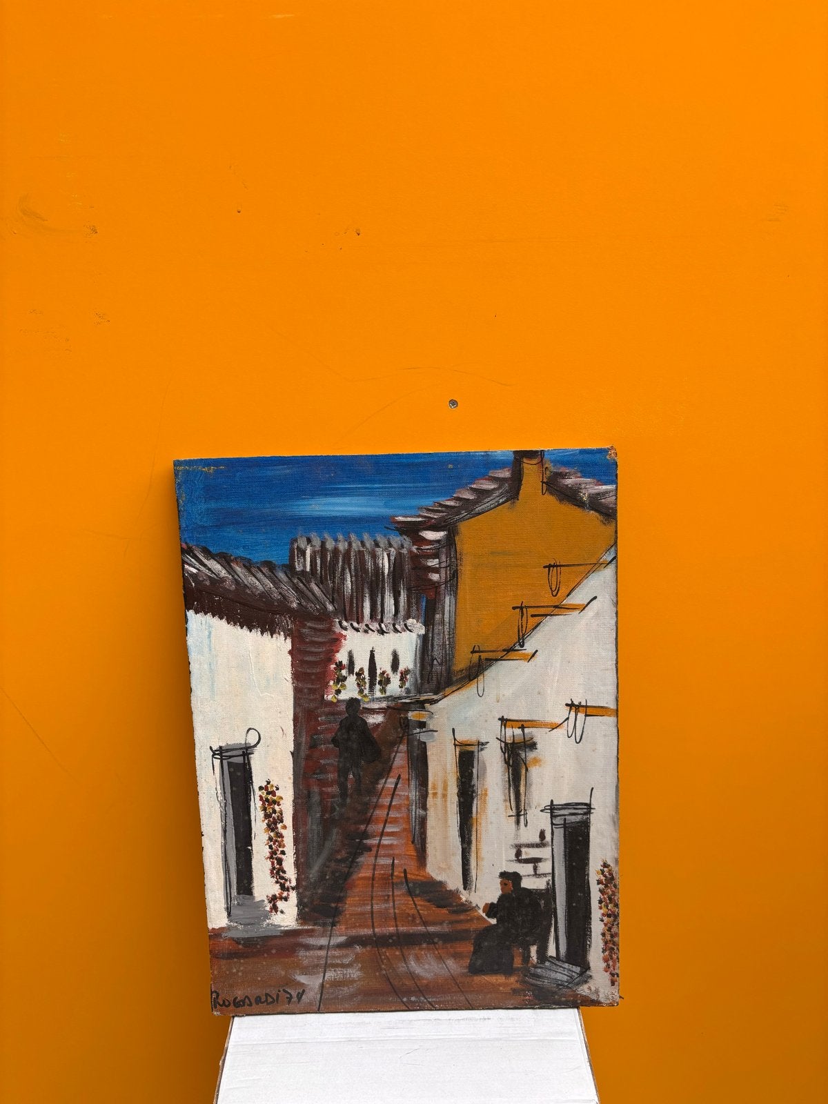 Schilderij Spanje 1974 - Straatbeeld 37 x 50 cm, Ophalen, Hout, Olieverf, Stadsgezicht
