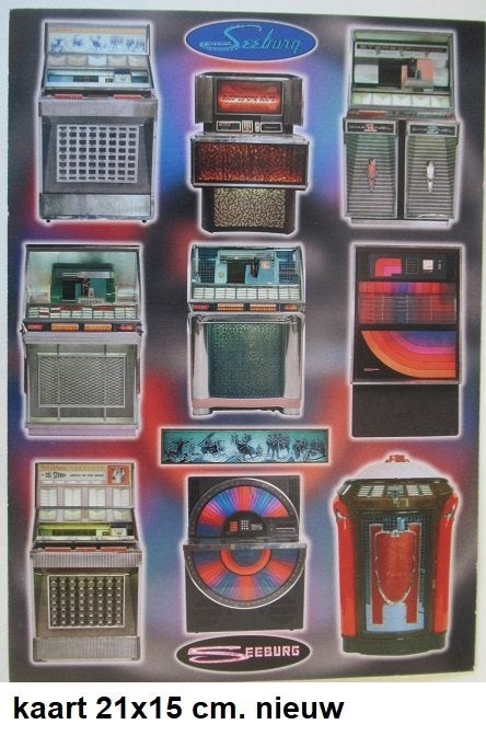 SEEBURG JUKEBOXEN op kartonnen ansichtkaart 21x15 cm nw., Verzamelen, Automaten | Jukeboxen, Ophalen of Verzenden, Nieuw, 1950 tot 1960