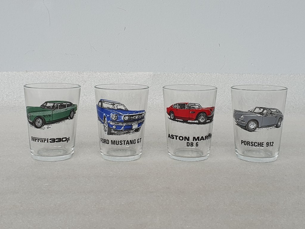 4 verzamelglazen iconische vintage voertuigen, Verzamelen, Ophalen of Verzenden, Gebruikt, Overige typen