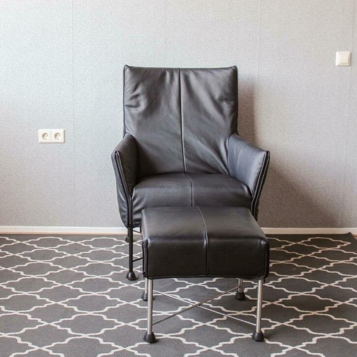8 Prachtige Montis Charly fauteuils + hocker - zwart leder, Niet ingevuld, Niet ingevuld, Nieuw, Leer