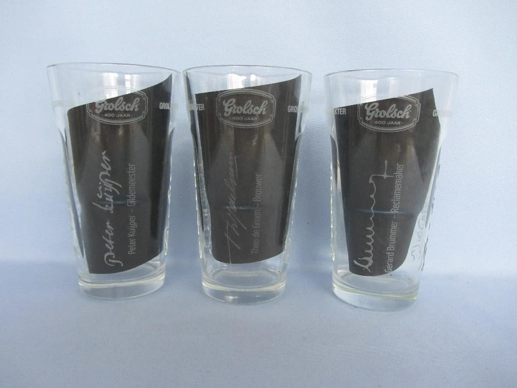3 verschillende grolsch glazen: peter, theo, gerard, Ophalen of Verzenden, Zo goed als nieuw, Glas of Glazen, Grolsch