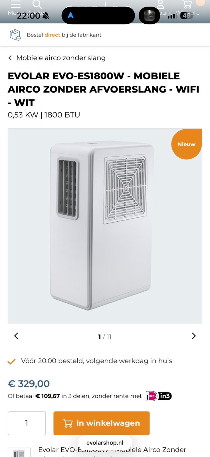 Evolar Mobiele airco, Witgoed en Apparatuur, Airco's, Zo goed als nieuw, Mobiele airco, Minder dan 60 m³, 3 snelheden of meer