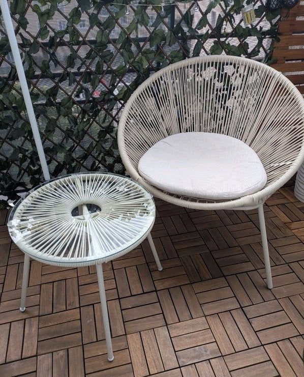 Loungeset: 2x zand beige loungestoel + loungetafel (Nieuw), Tuin en Terras, Tuinsets en Loungesets, Bijzettafel, Nieuw, Wicker