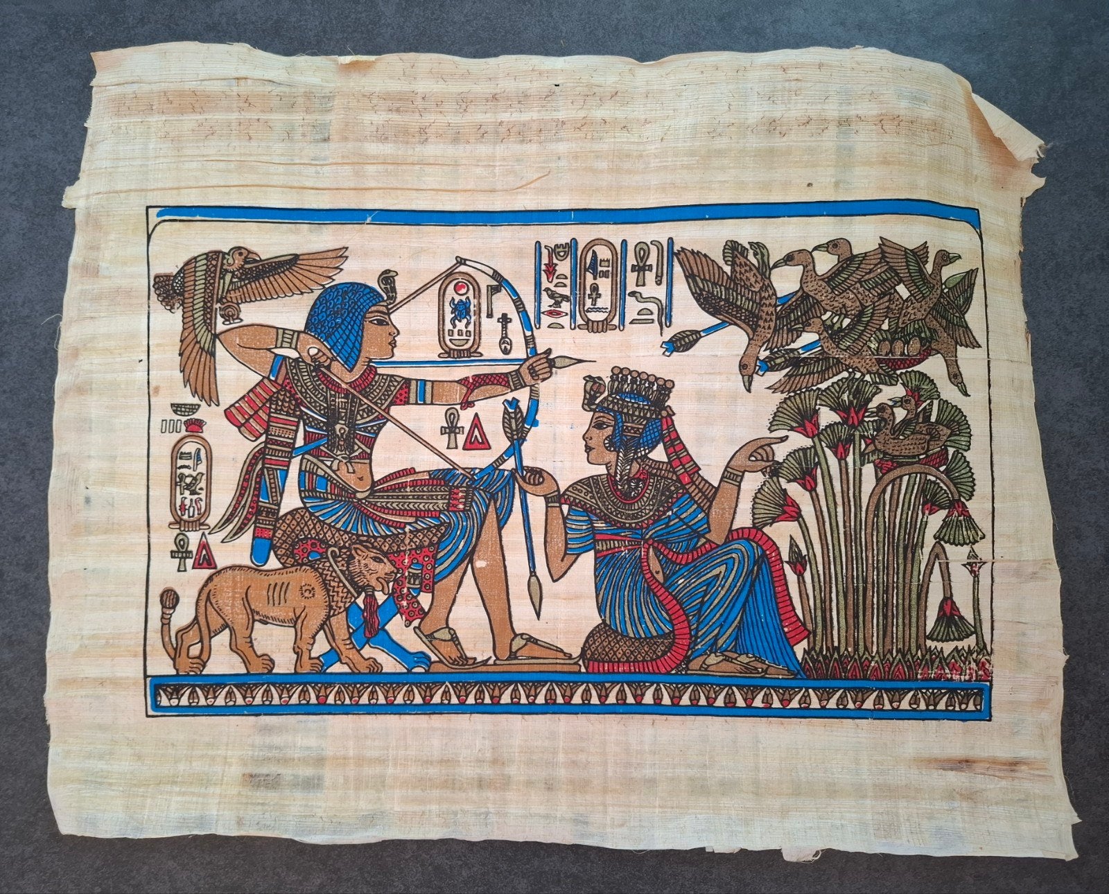 ** Egyptische papyrus schildering - Farao en Koningin **, Antiek en Kunst, Schilderij, Ophalen of Verzenden, Papier/karton, Meerkleurig