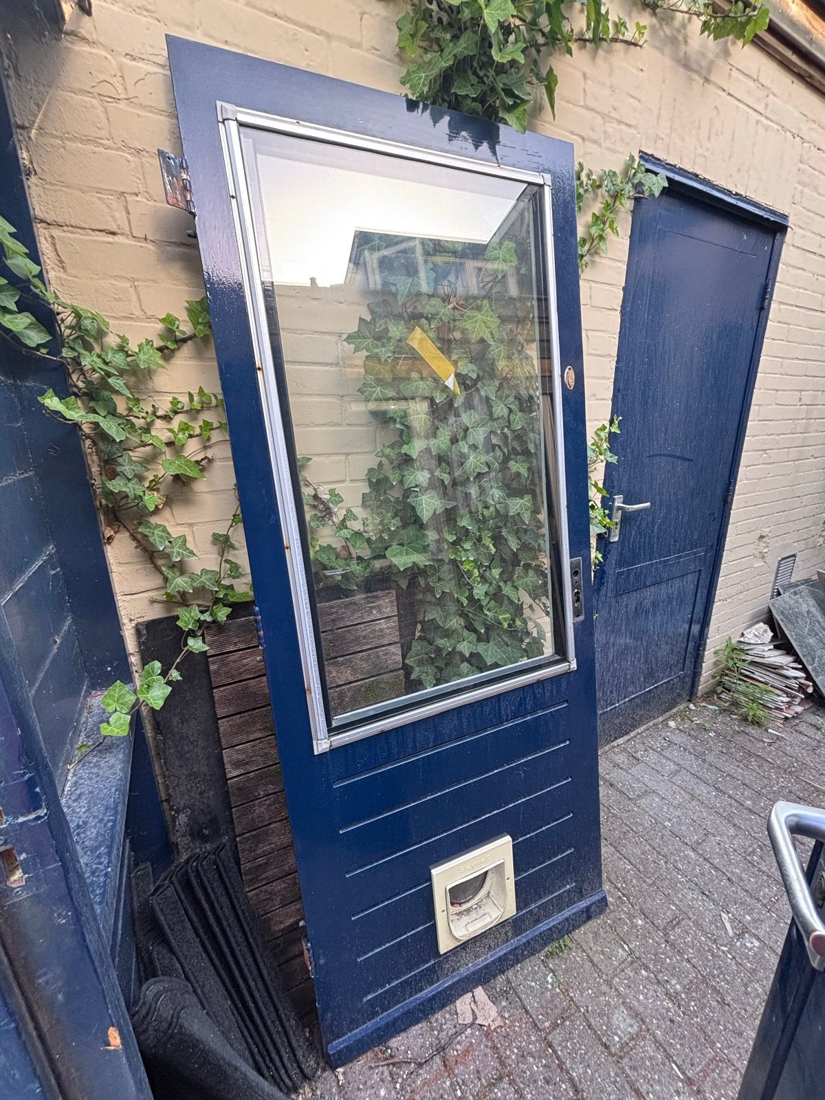Blauwe buitendeur met voorzetglas en kattenluik, Ophalen, Gebruikt, 80 tot 100 cm, Buitendeur