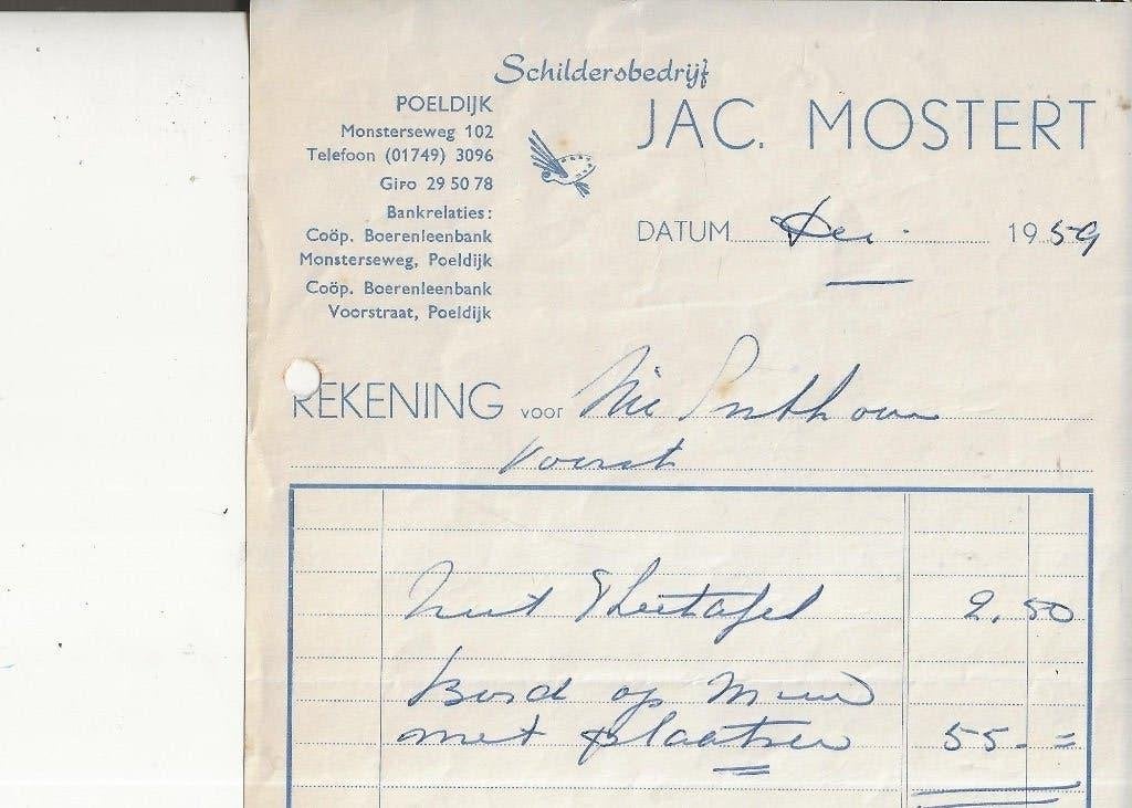 Poeldijk Jac Mostert schildersbedrijf Nota voor Nic Enthoven, Verzamelen, Ansichtkaarten | Nederland, Ophalen of Verzenden, 1940 tot 1960