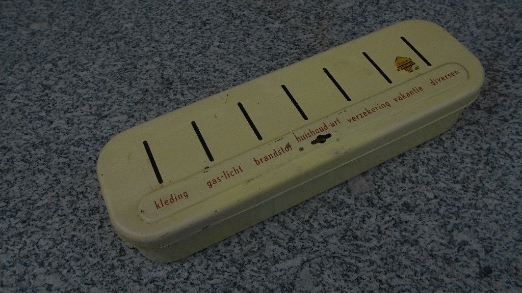 retro spaarblik huishoudgeld Brabantia jaren 50 /60 geel, Verzamelen, Retro, Ophalen of Verzenden, Huis en Inrichting
